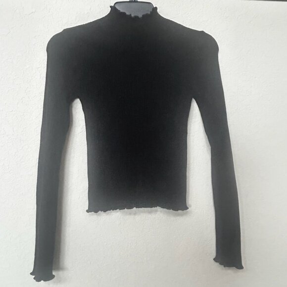 NWOT Black Women's Ruffle Collar Ribbed Fitted Sweater Turtleneck Top - Picture 4 of 7